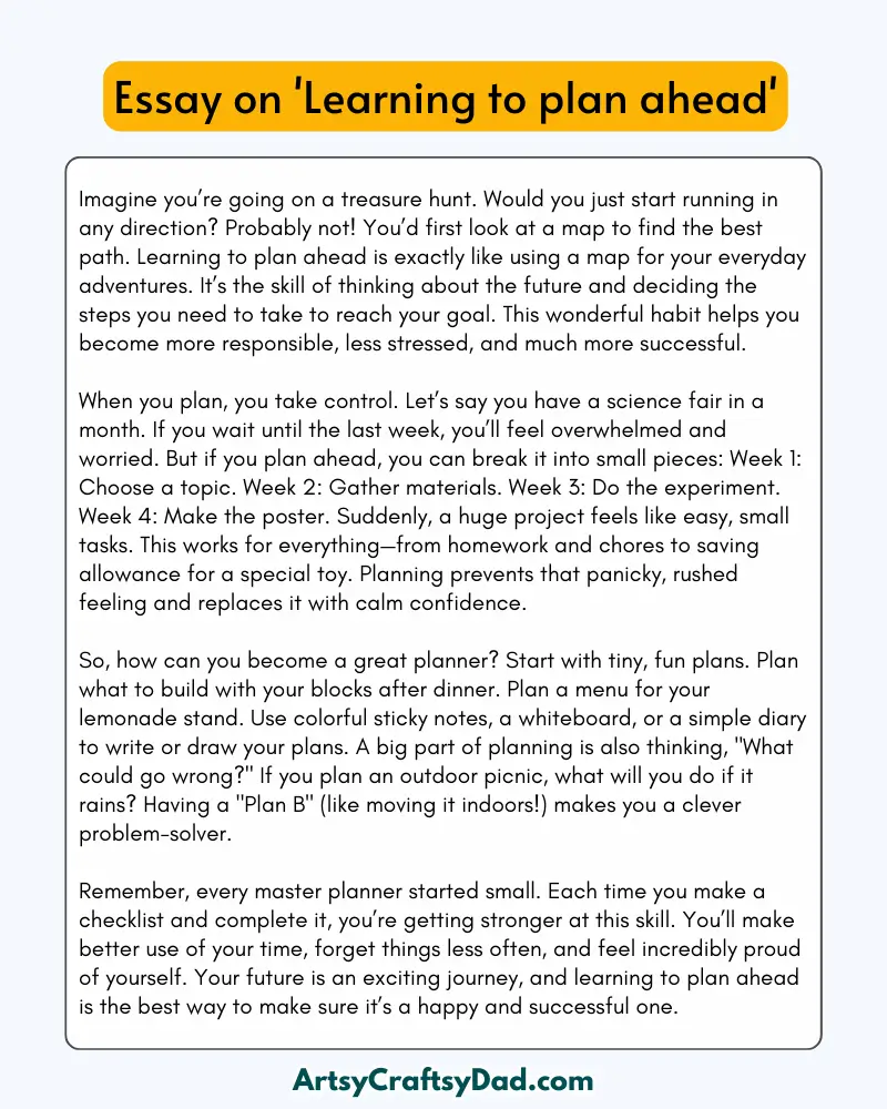 'Learning to Plan Ahead' - 300 Words Essay for Grades 8 to 10 Students