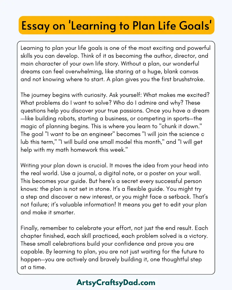 'Learning to Plan Life Goals' – 300 Words Essay for Grades 6 to 9 Students