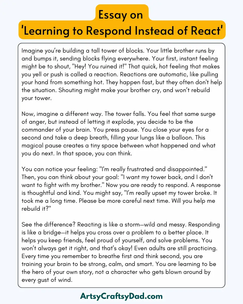 'Learning to Respond Instead of React' – 300 Words Essay for Grades 8 to 10 Students