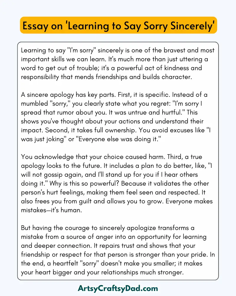 'Learning to Say Sorry Sincerely' - 300 Words Essay for Grades 8 to 10 Students