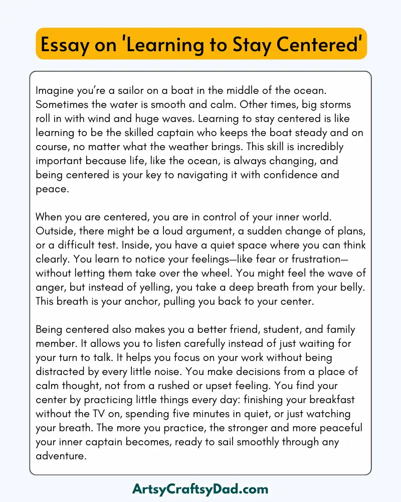 'Learning to Stay Centered' - 300 Words  Essay for Grade 8 Students