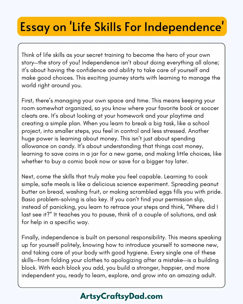 'Life Skills For Independence' - 300 Words Essay for Grades 8 to 10 Students