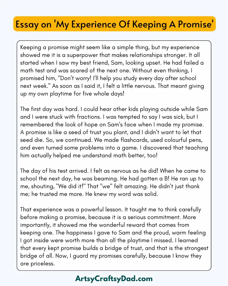 'My Experience Of Keeping A Promise' - 300 Words  Essay for Grades 8 to 10 Students