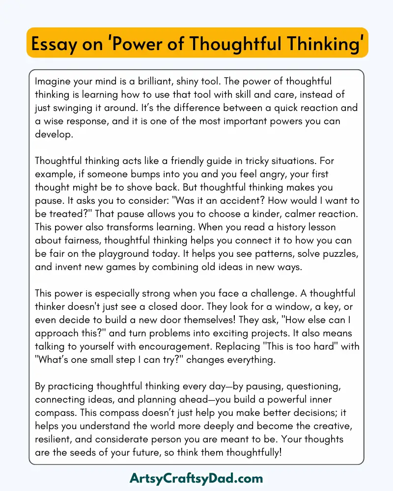 'Power of Thoughtful Thinking ' - 300 Words  Essay for Grades 8 to 10 Students