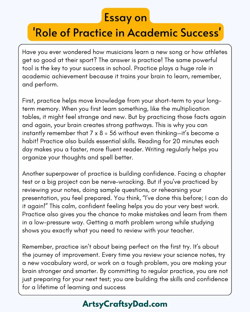 'Role of Practice in Academic Success' - 300 Words  Essay for Grades 9 to 10 Students