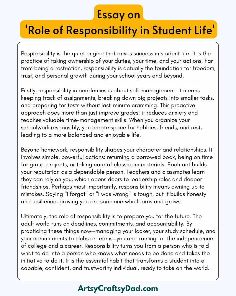 'Role of Responsibility in Student Life' - 300 Words  Essay for Grades 6 to 8 Students