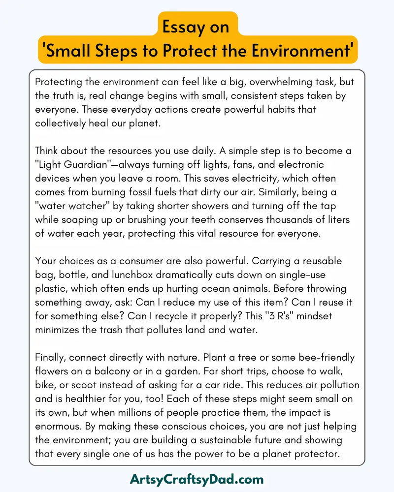 'Small Steps to Protect the Environment' - 300 Words  Essay for Grades 7 to 8 Students