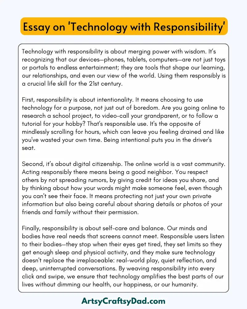 'Technology with Responsibility' - 300 Words  Essay for Grades 8 to 10 Students