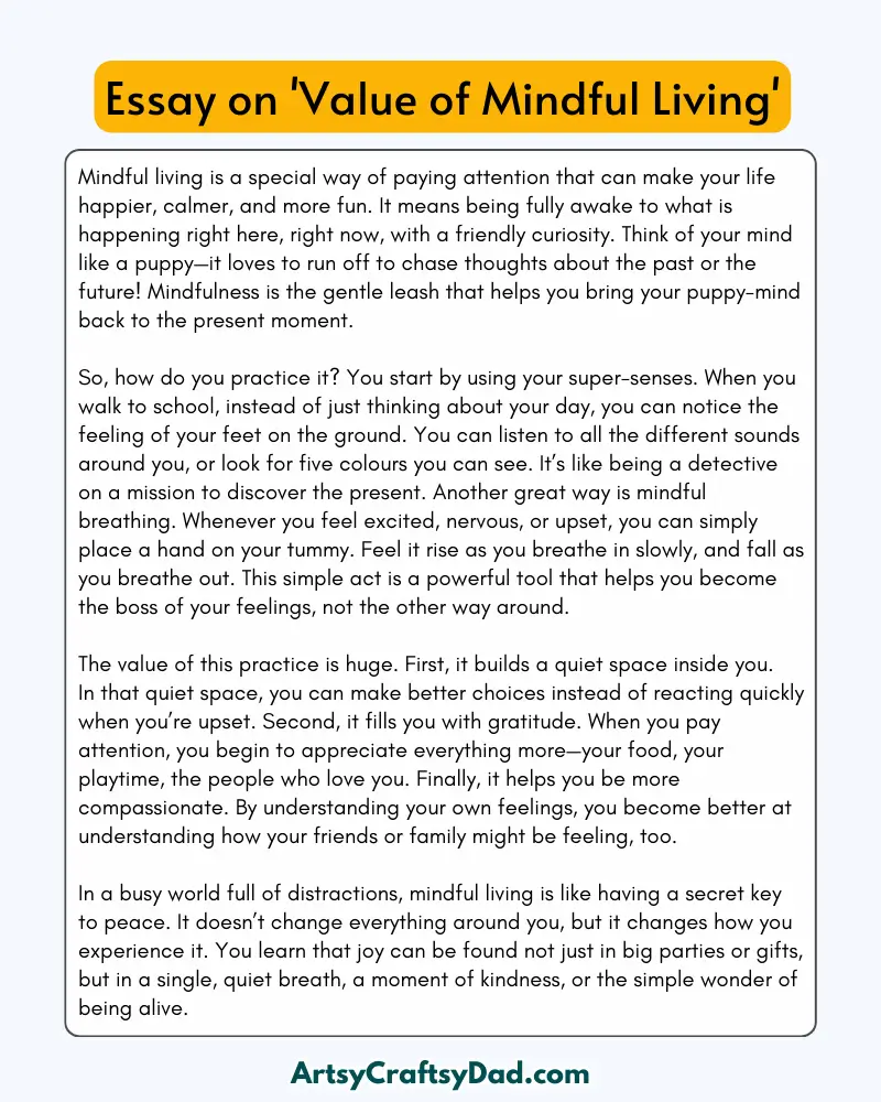 'Value of Mindful Living' – 300 Words Essay for Grades 8 to 10 Students