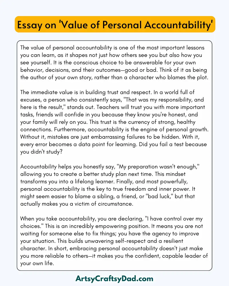 'Value of Personal Accountability' - 300 Words  Essay for Grades 9 to 10 Students