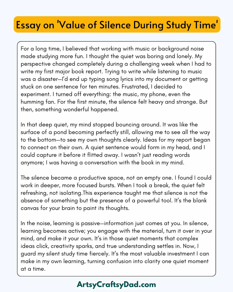 'Value of Silence During Study Time' - 300 Words  Essay for Grades 7 to 8 Students