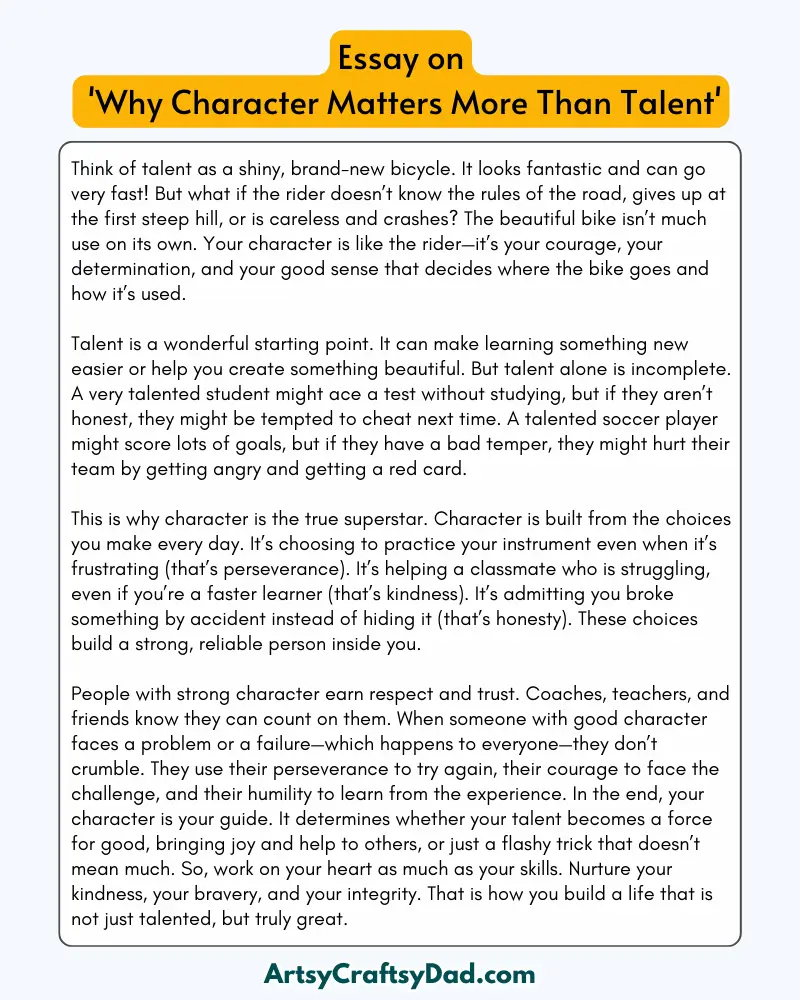 'Why Character Matters More Than Talent' – 300 Words Essay for Grades 8 to 10 Students
