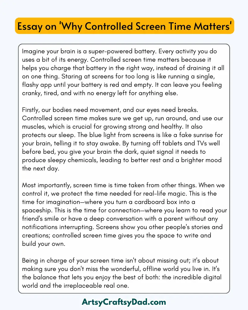 'Why Controlled Screen Time Matters' - 300 Words Essay for Grades 7 to 10 Students
