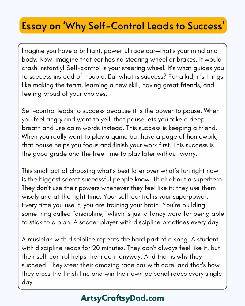 'Why Self-Control Leads to Success' - 300 Words  Essay for Grades 9 to 10 Students