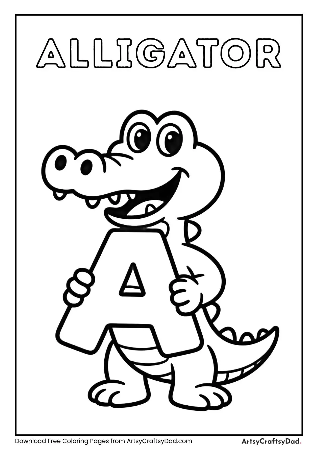 Alligator holding letter A coloring page for kids