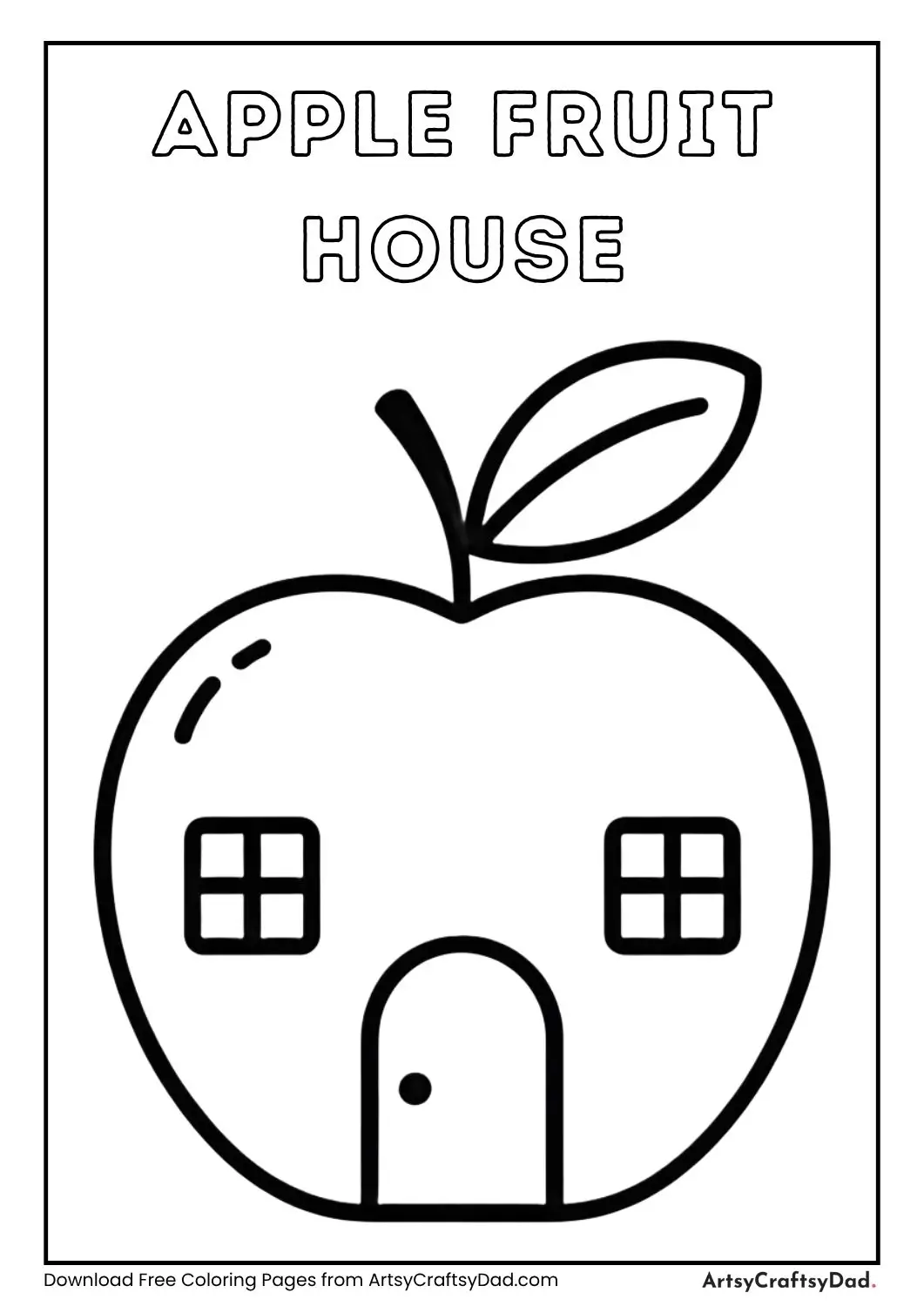 Black and white apple shaped house coloring page with door and windows