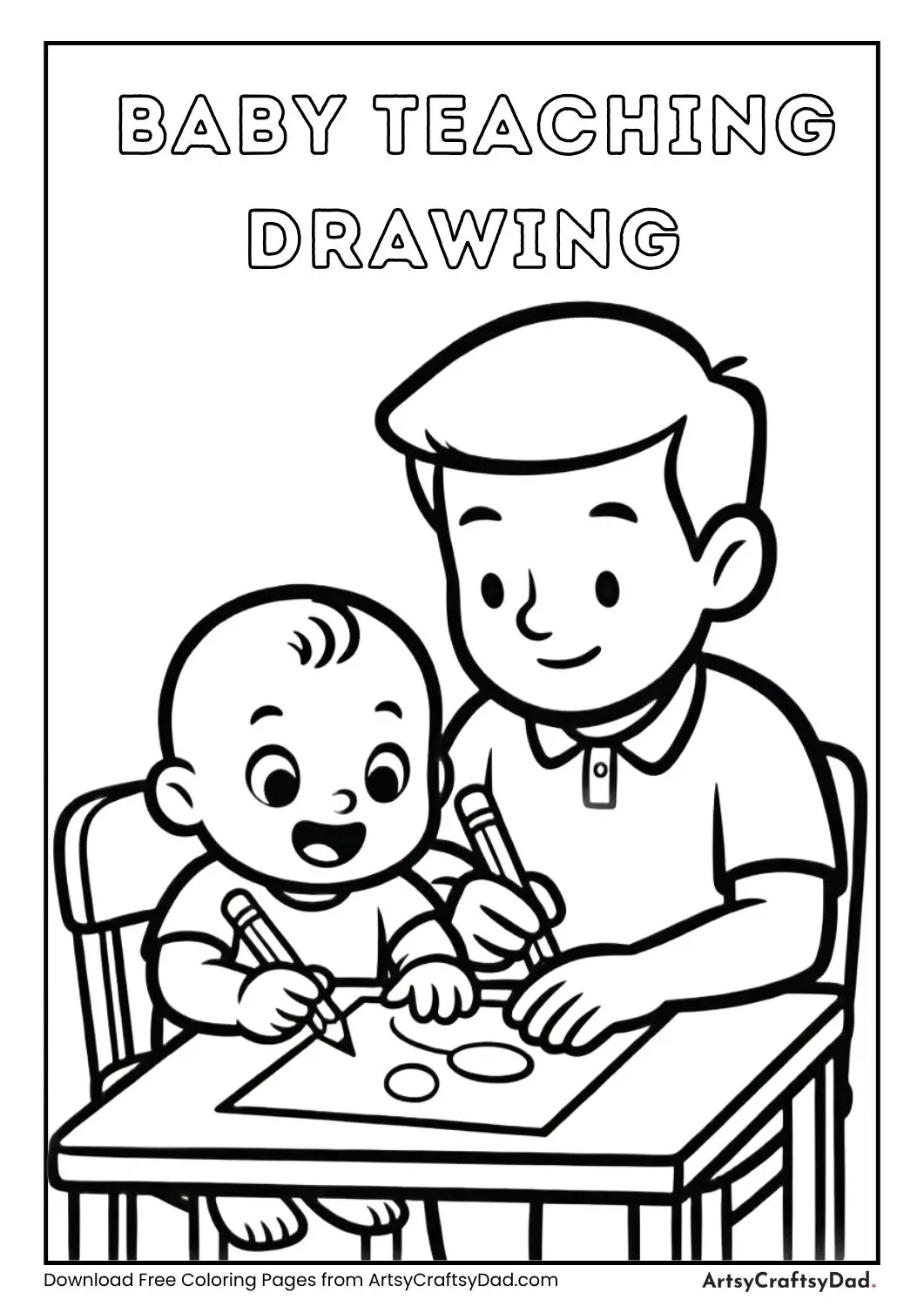 Baby teaching adult drawing at table coloring page