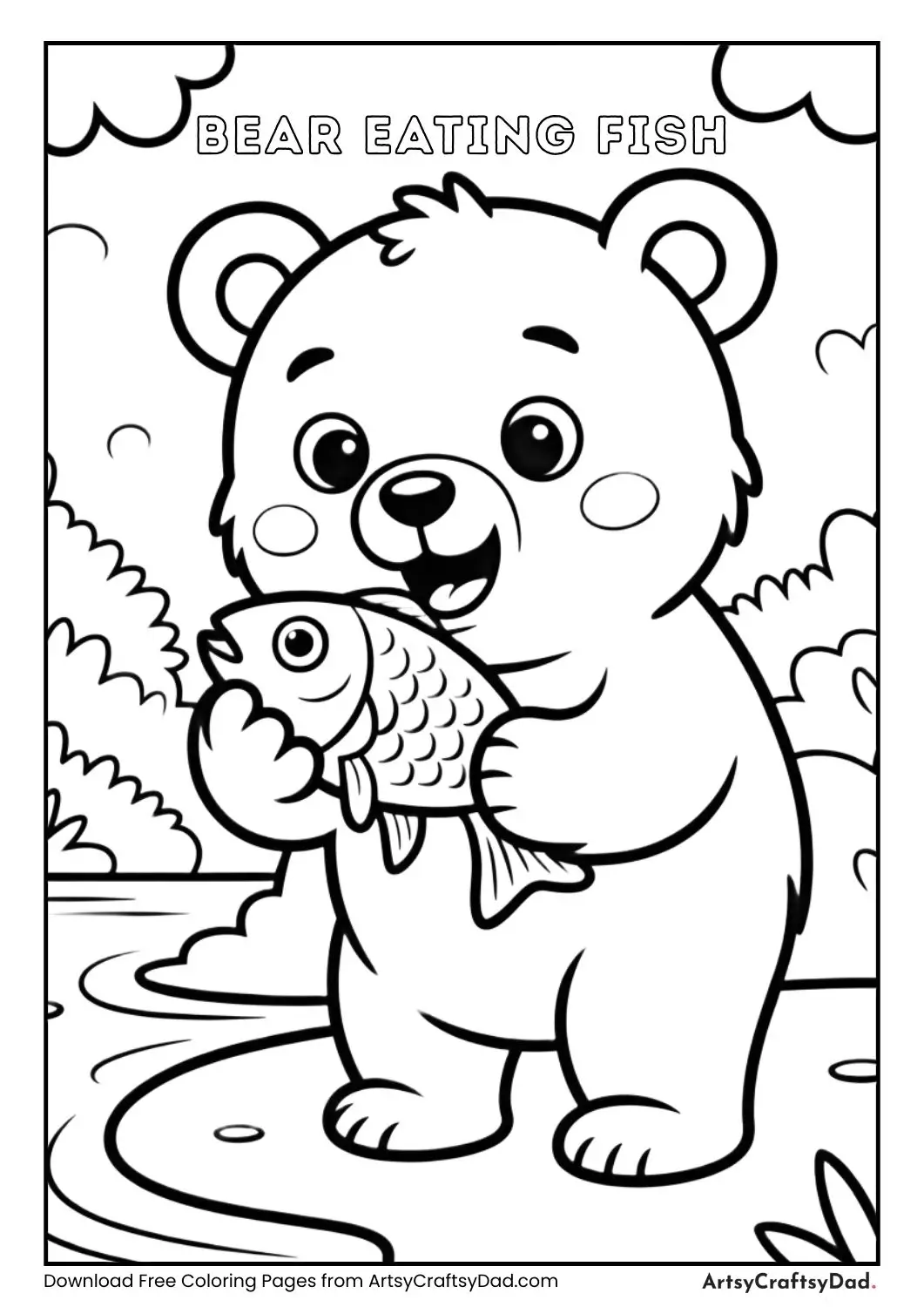 Cute bear eating fish by river black and white coloring page