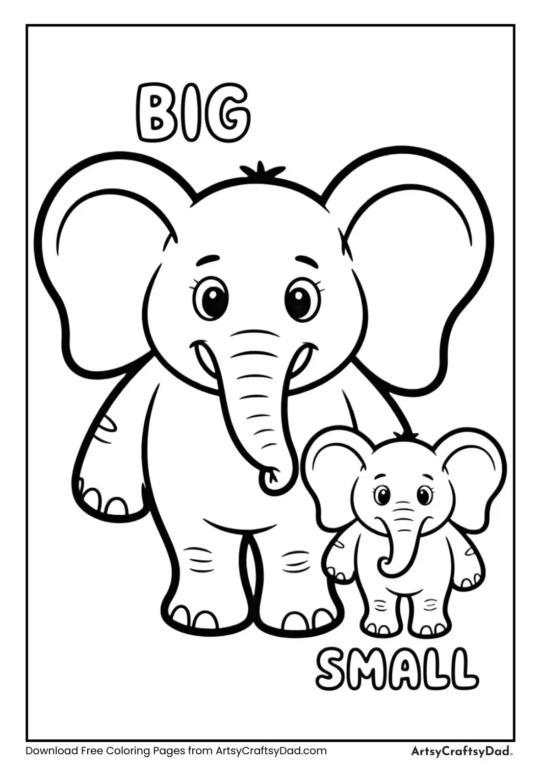 Big elephant and small elephant opposites coloring page for kids