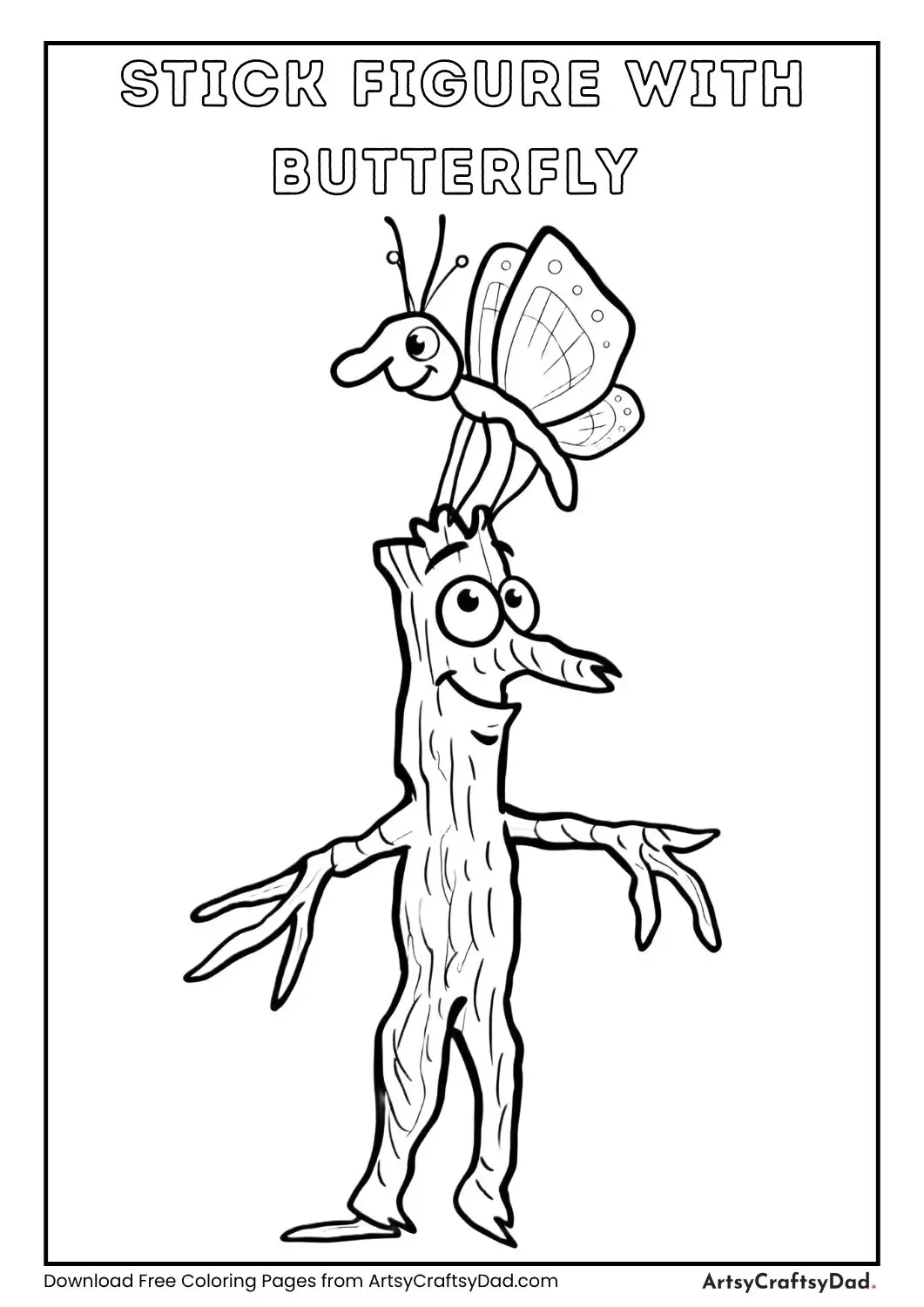 Black and white cartoon stick figure with a butterfly sitting on its head, simple line art for kids coloring.