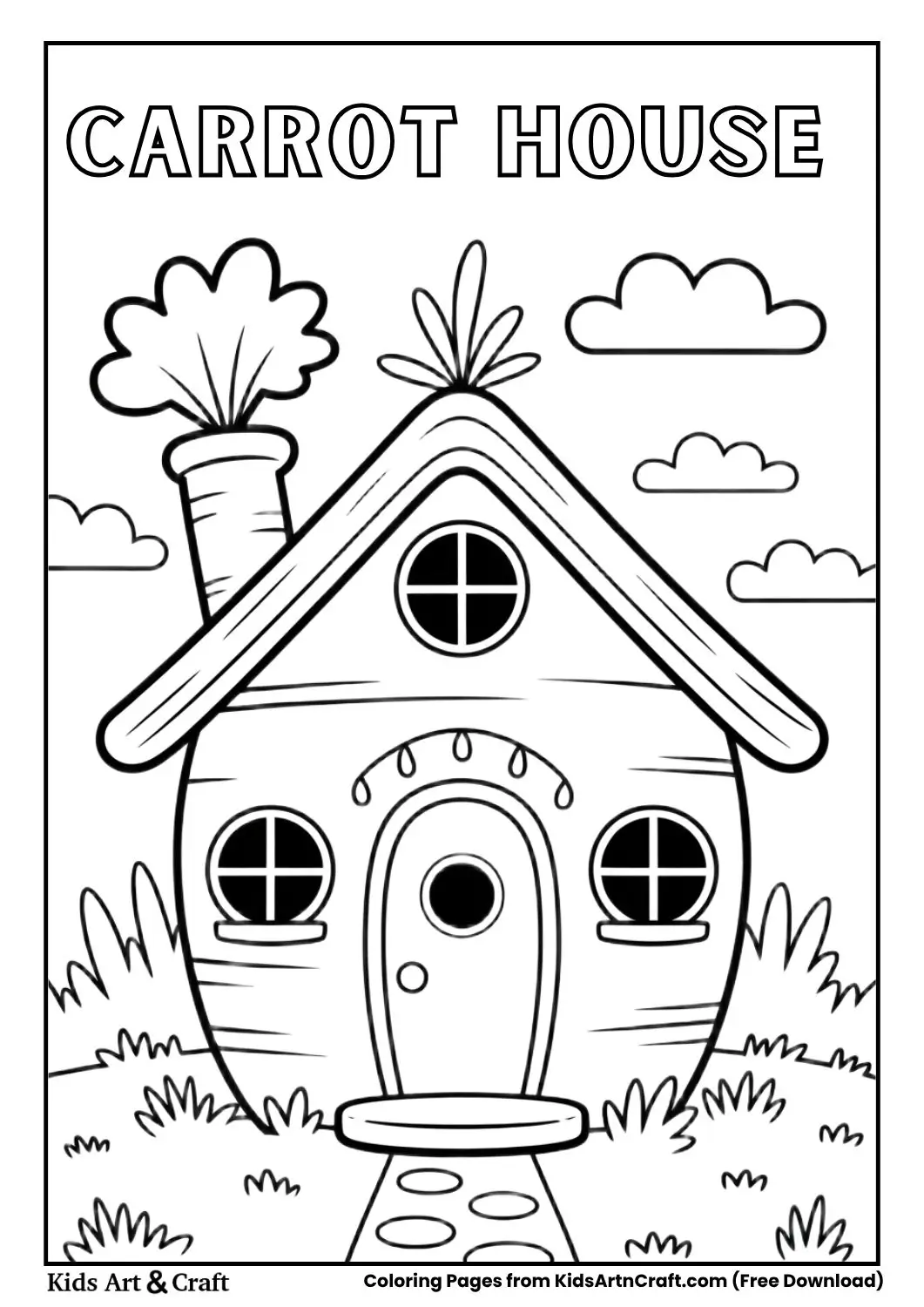 Simple carrot shaped house black and white coloring page with door and windows for kids
