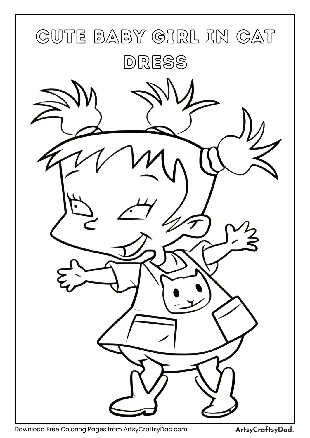 Black and white coloring page of a smiling cartoon baby girl with pigtails wearing a dress with a cat design and boots.