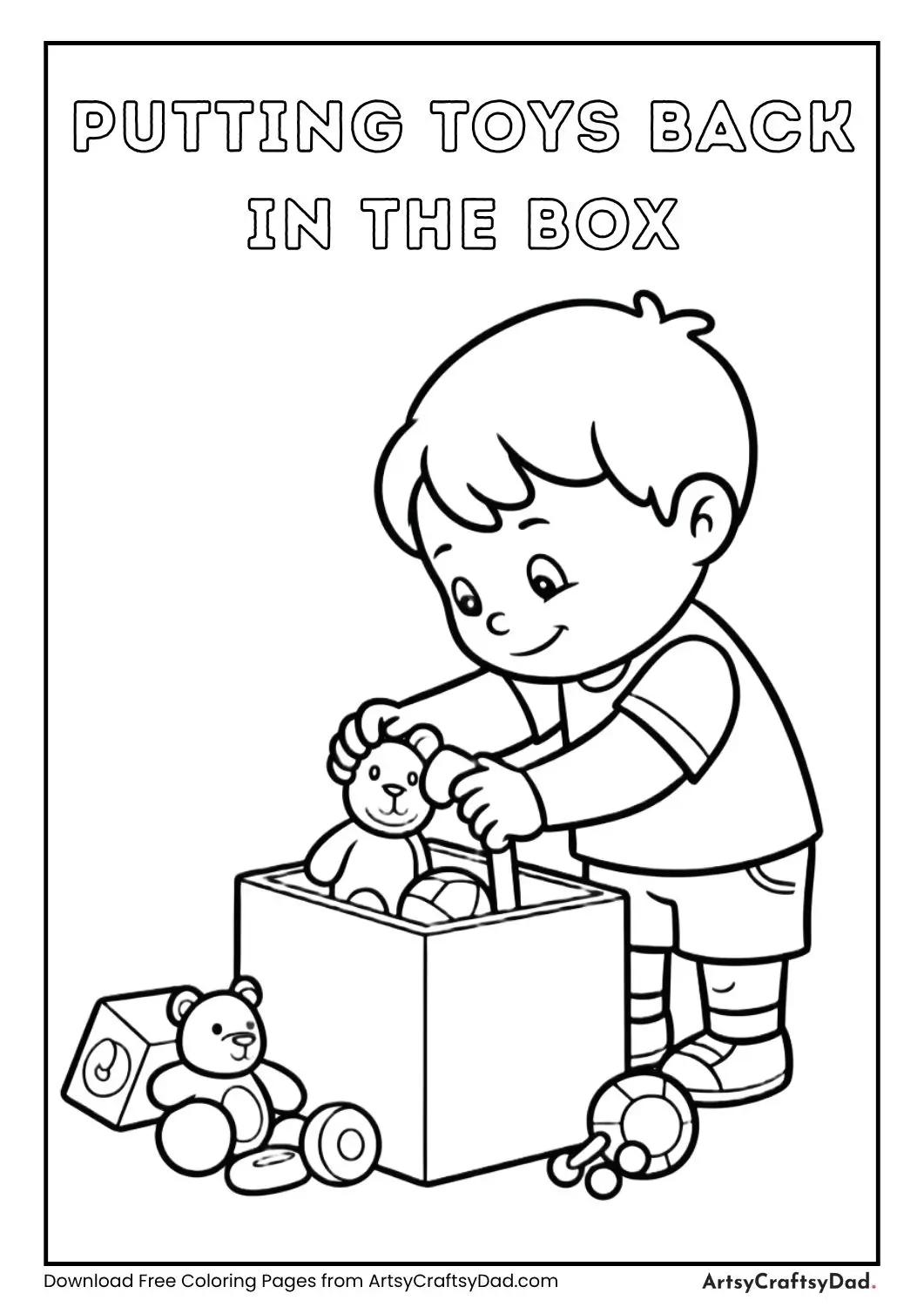 child placing toys into a toy box coloring page