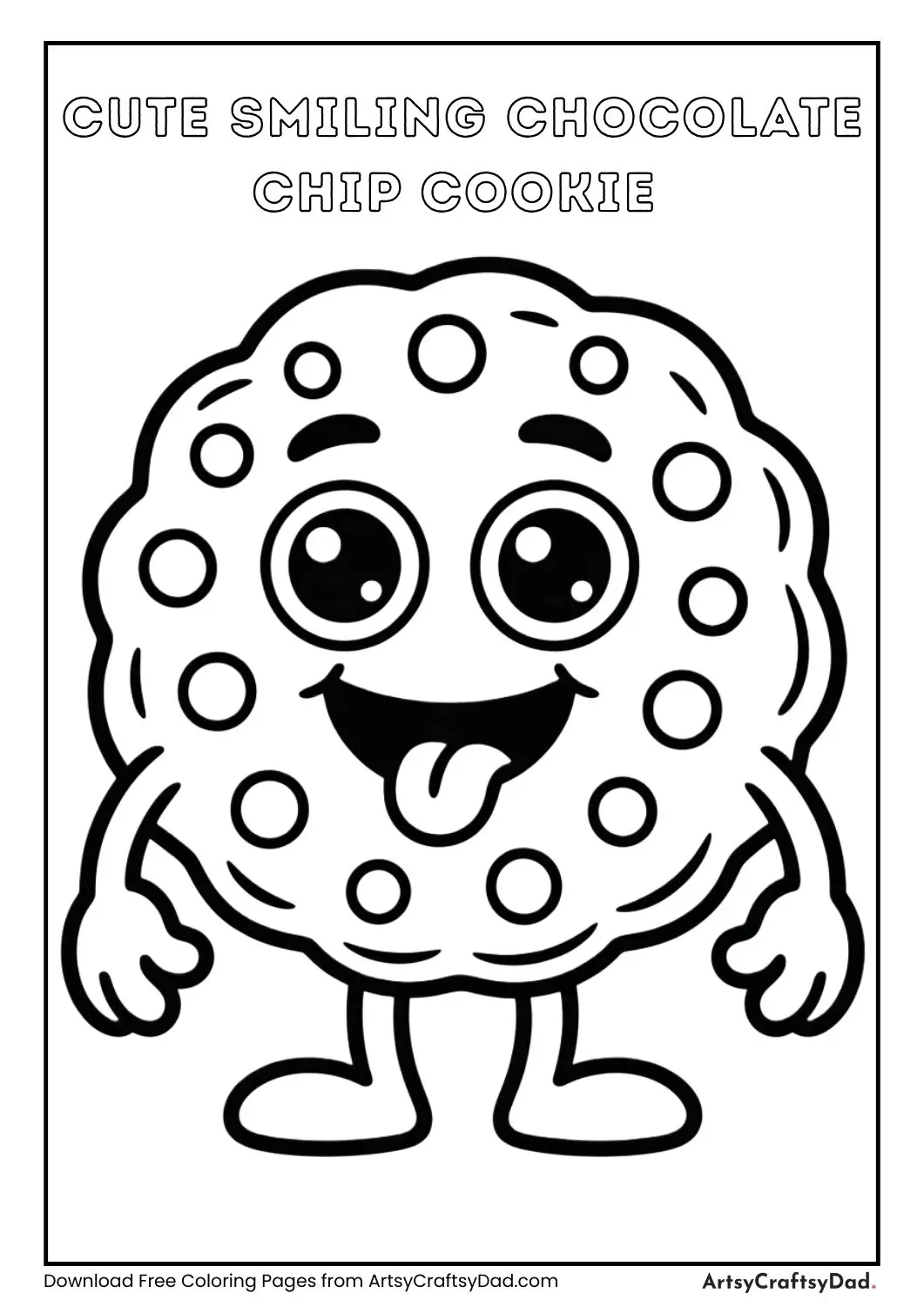 Cute smiling chocolate chip cookie with big cartoon eyes and tongue sticking out, simple black and white coloring page for kids.