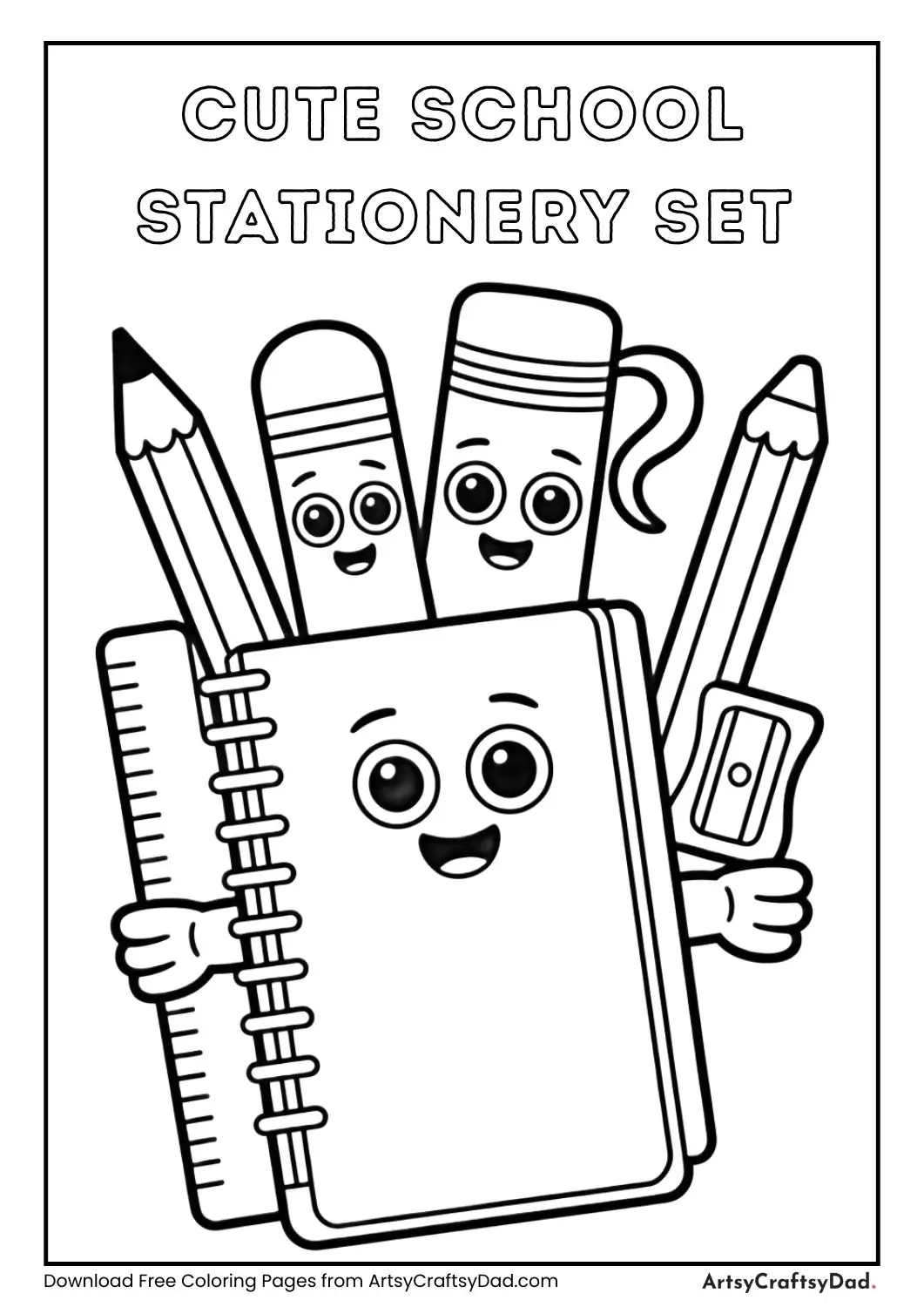 black and white coloring page of cute school stationery including pencil eraser ruler sharpener and notebook