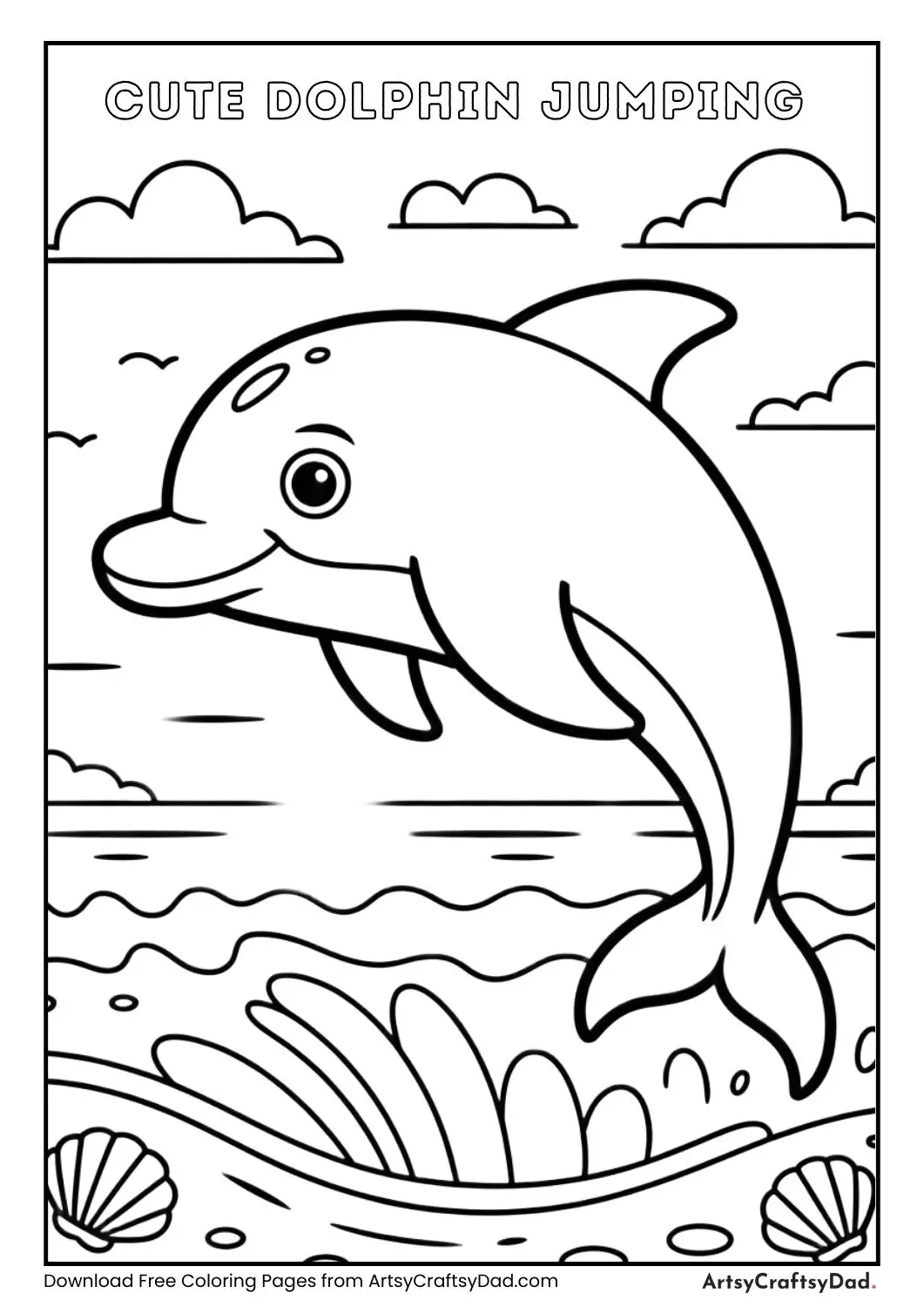 cartoon dolphin jumping over ocean waves beach coloring page for kids