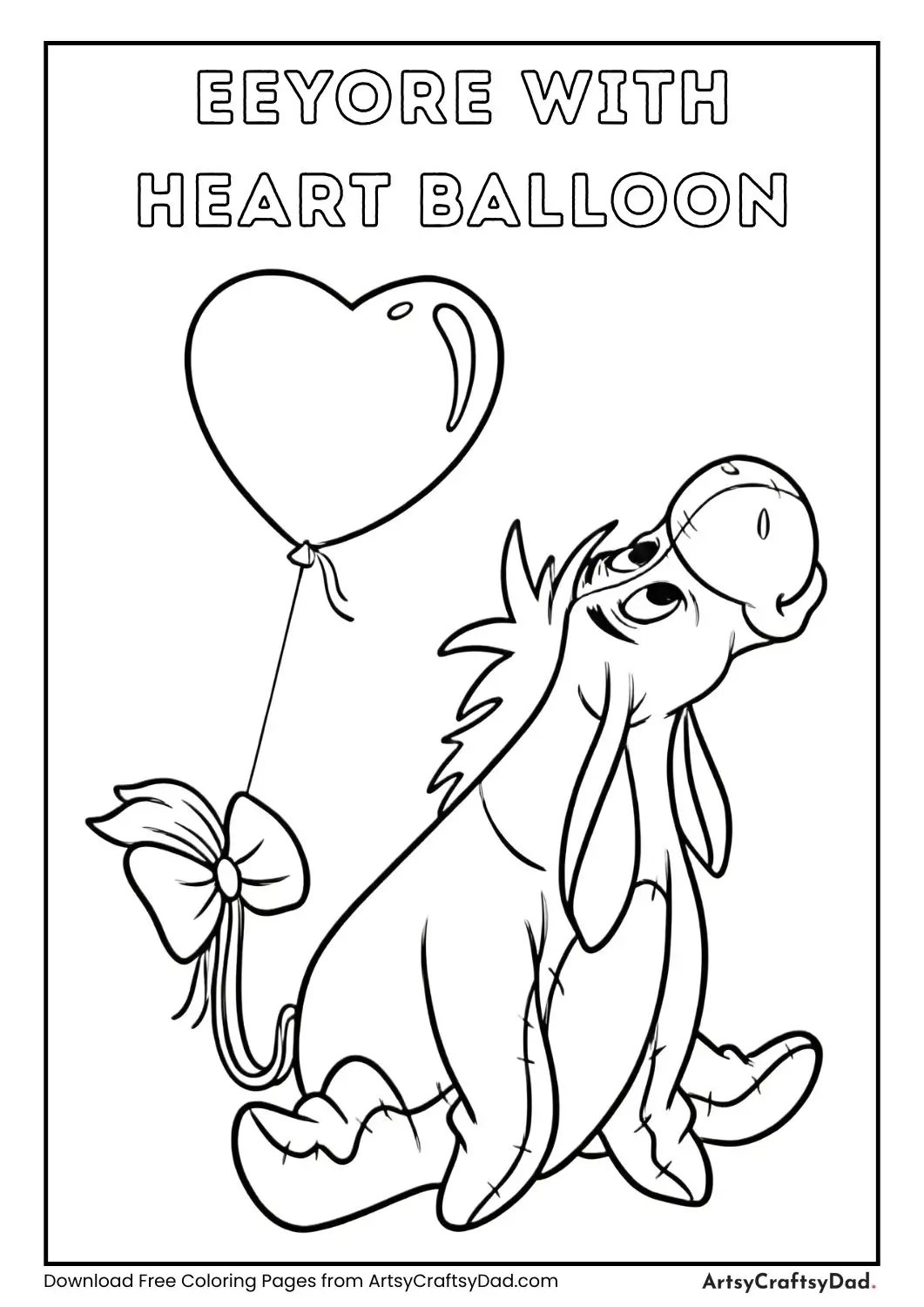 Eeyore sitting with a heart-shaped balloon tied to his tail