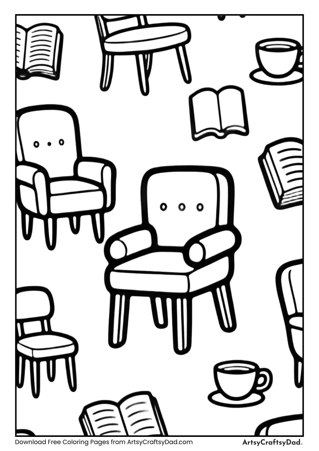 black and white floating chairs books cups coloring page for kids