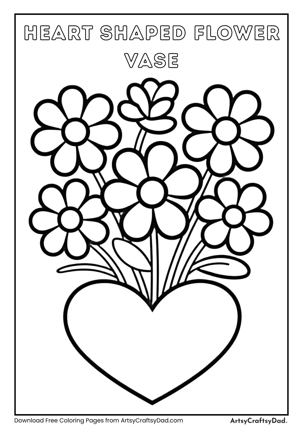 Heart shaped flower vase coloring page with big simple flowers for kids