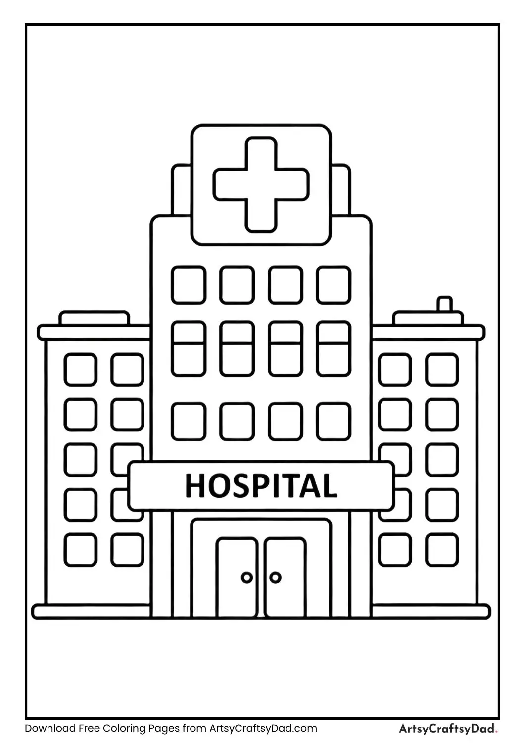 Simple hospital coloring page for grade 1 kids with label hospital