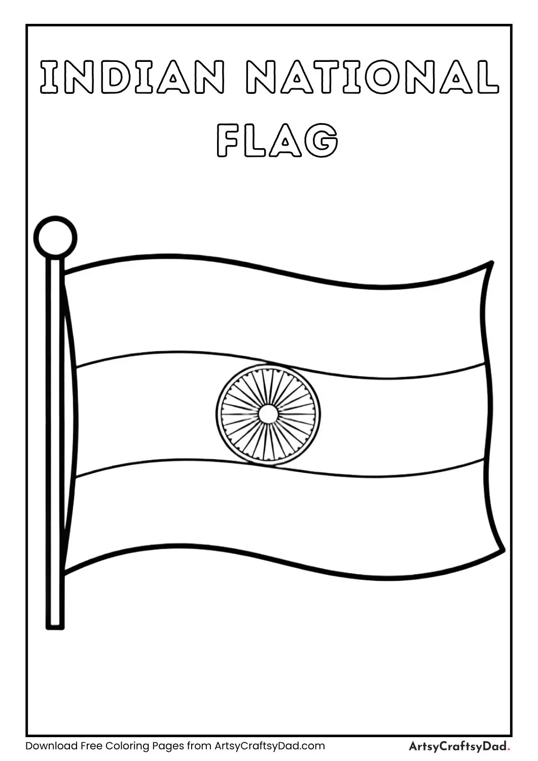 Indian national flag black and white coloring page with Ashoka Chakra for kids