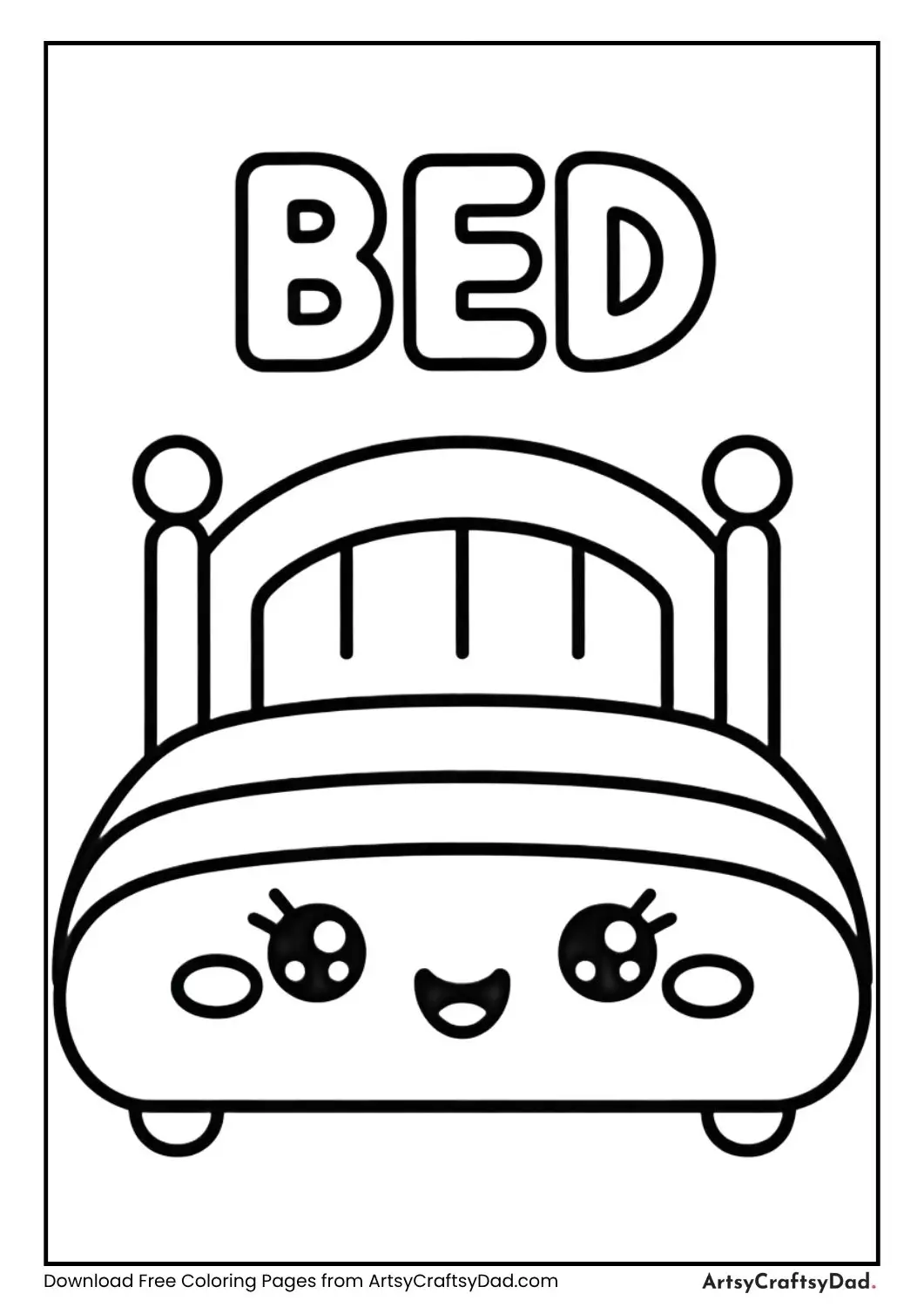 Cute kawaii bed black and white coloring page with label BED for children