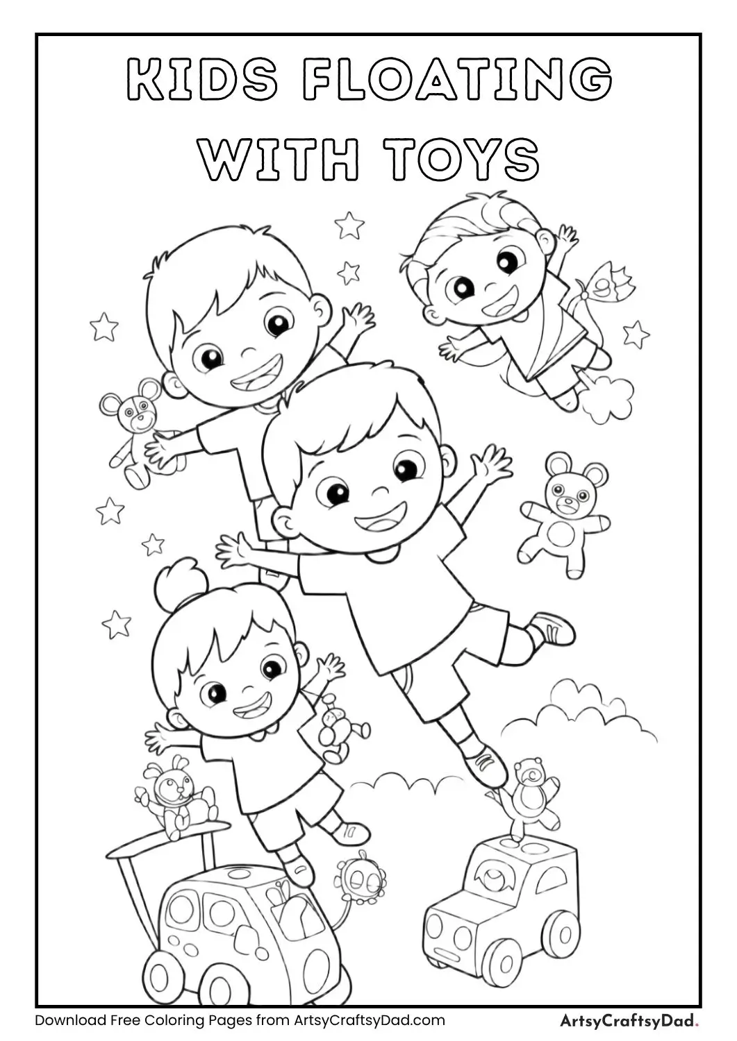 Kids floating in the air with toys around them