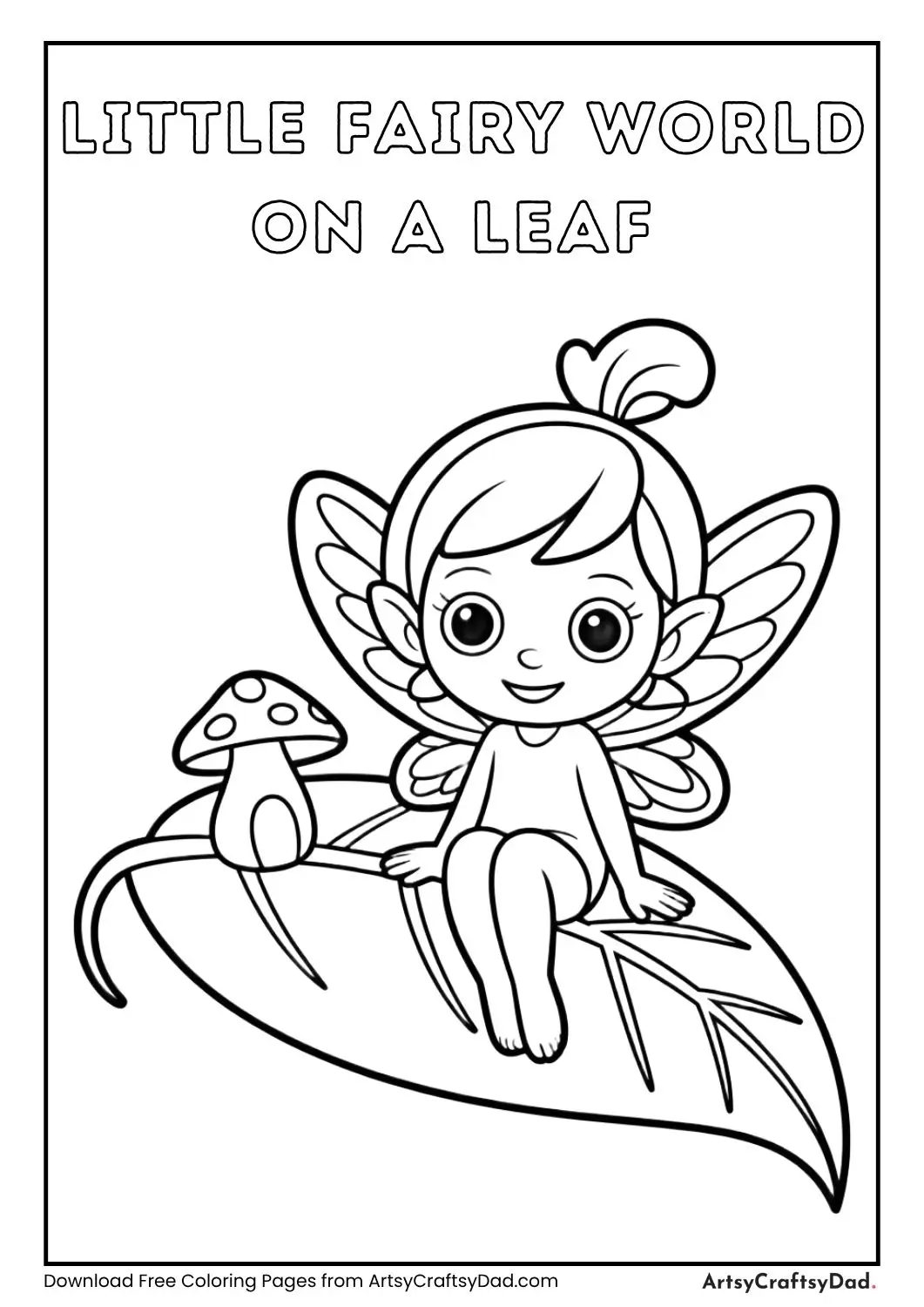 Little fairy sitting on a leaf with a small mushroom house simple coloring page for kids