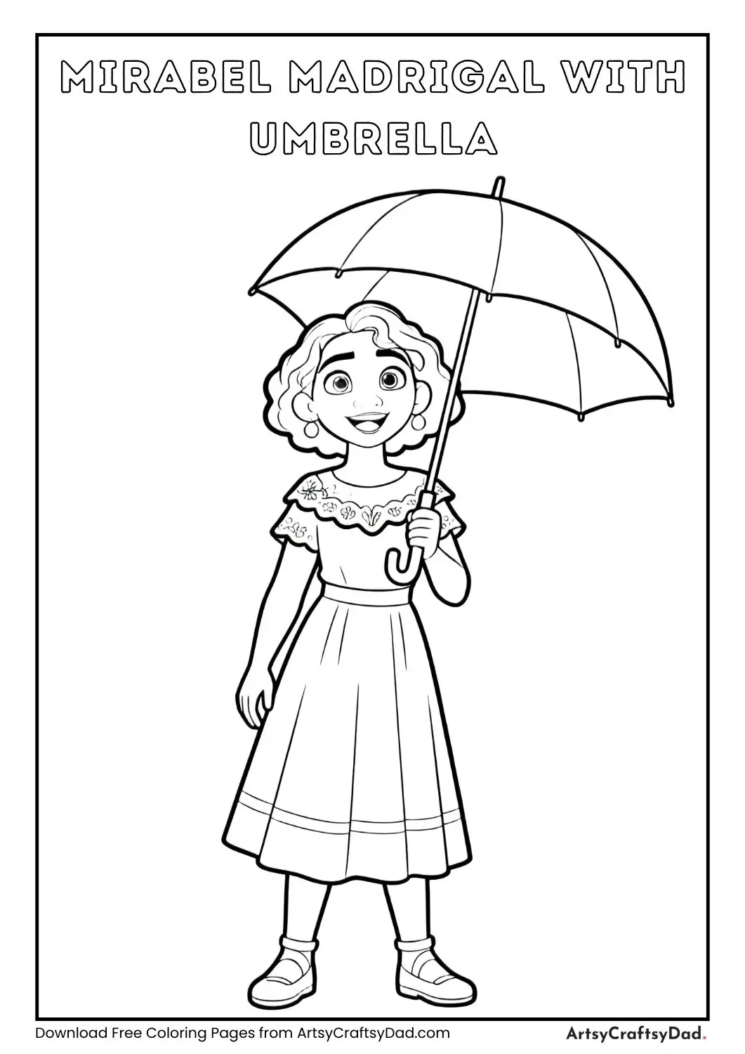 Black-and-white coloring page of Mirabel Madrigal holding an umbrella, simple outlines for kids.