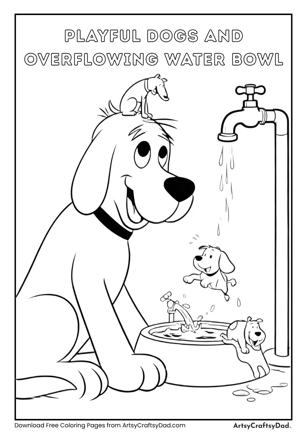 Black and white coloring page of a big happy dog with small dogs playing in and around an overflowing water bowl