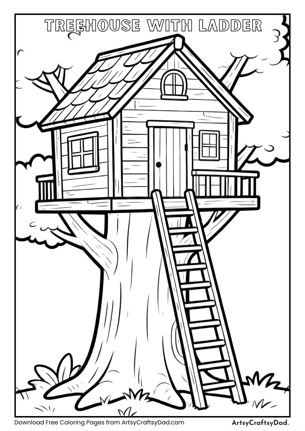 Simple treehouse with ladder black and white coloring page for kids