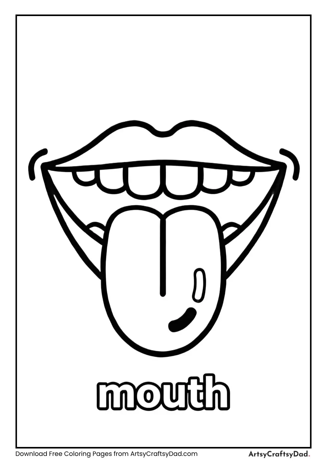 Smiling mouth with tongue labeled Taste and surrounded by candy and fruit icons coloring page