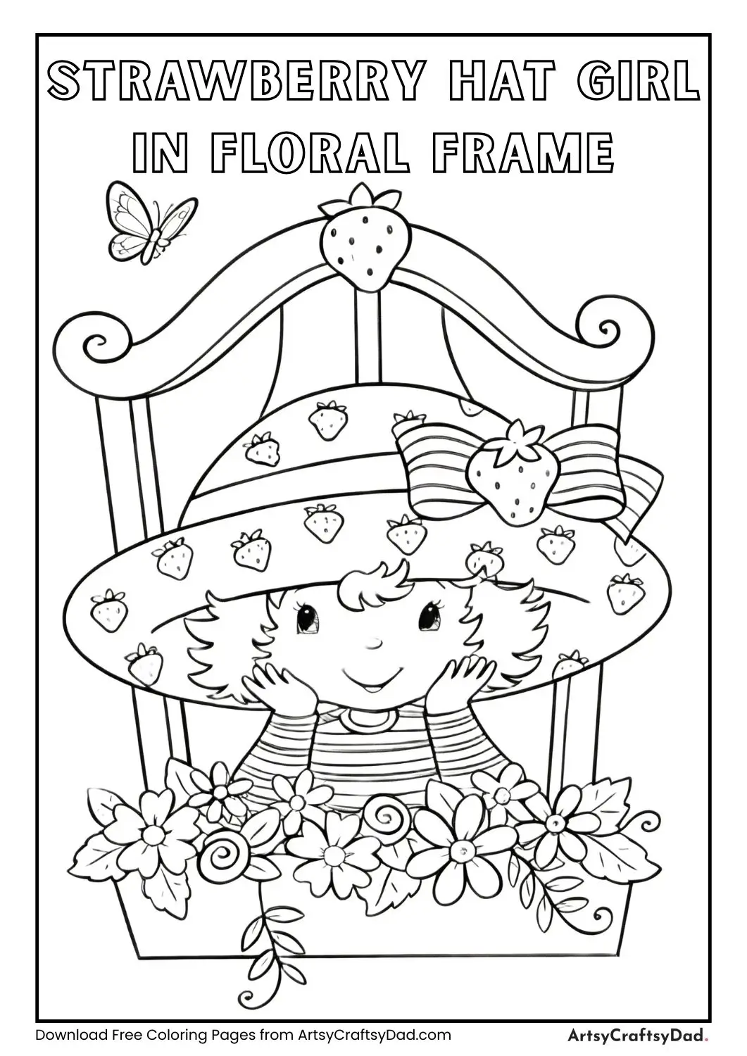 Girl in strawberry hat peeking over flowers with butterfly