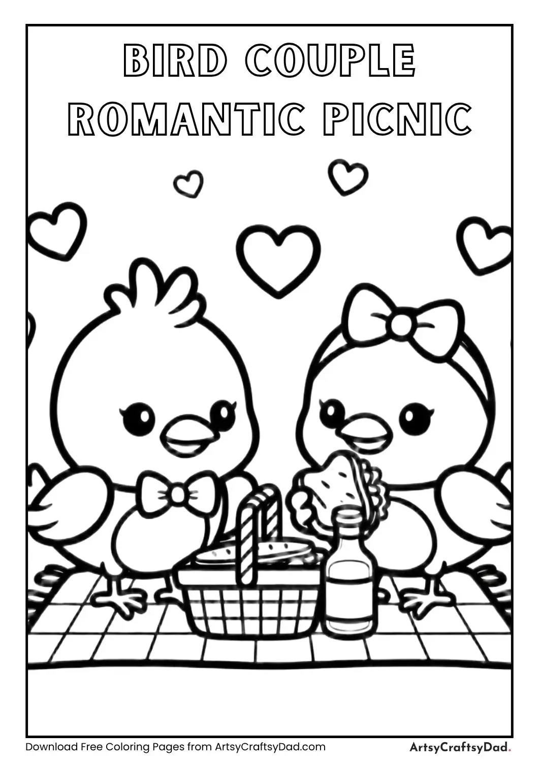 Two birds having picnic with hearts coloring page