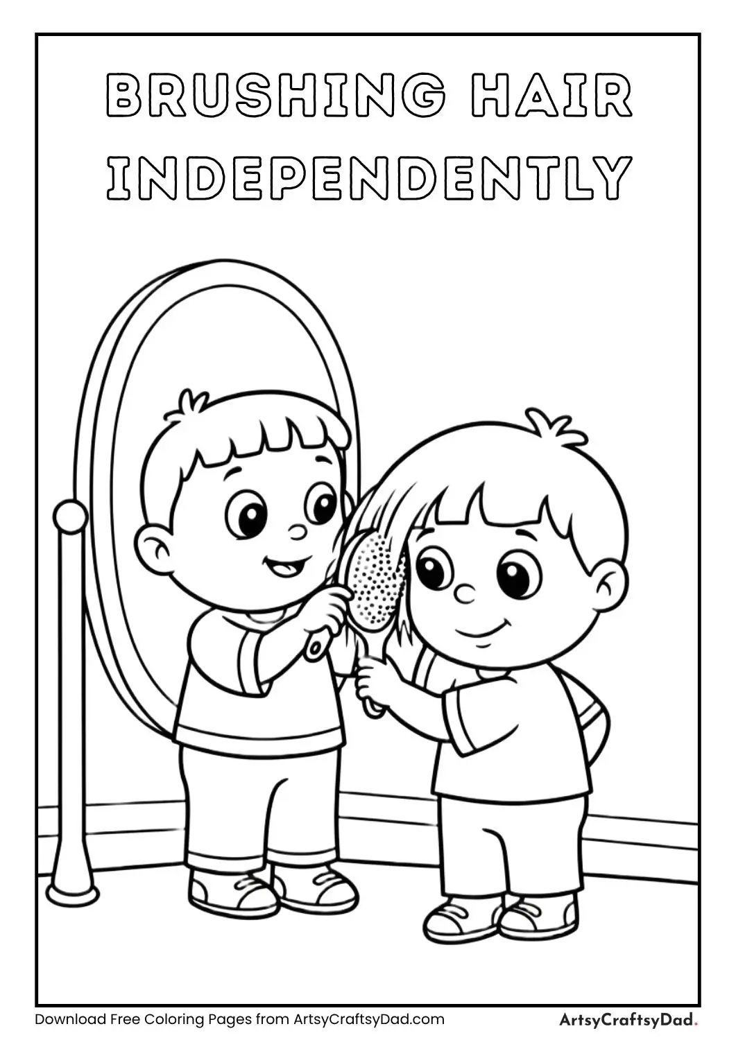 child brushing hair in mirror coloring page