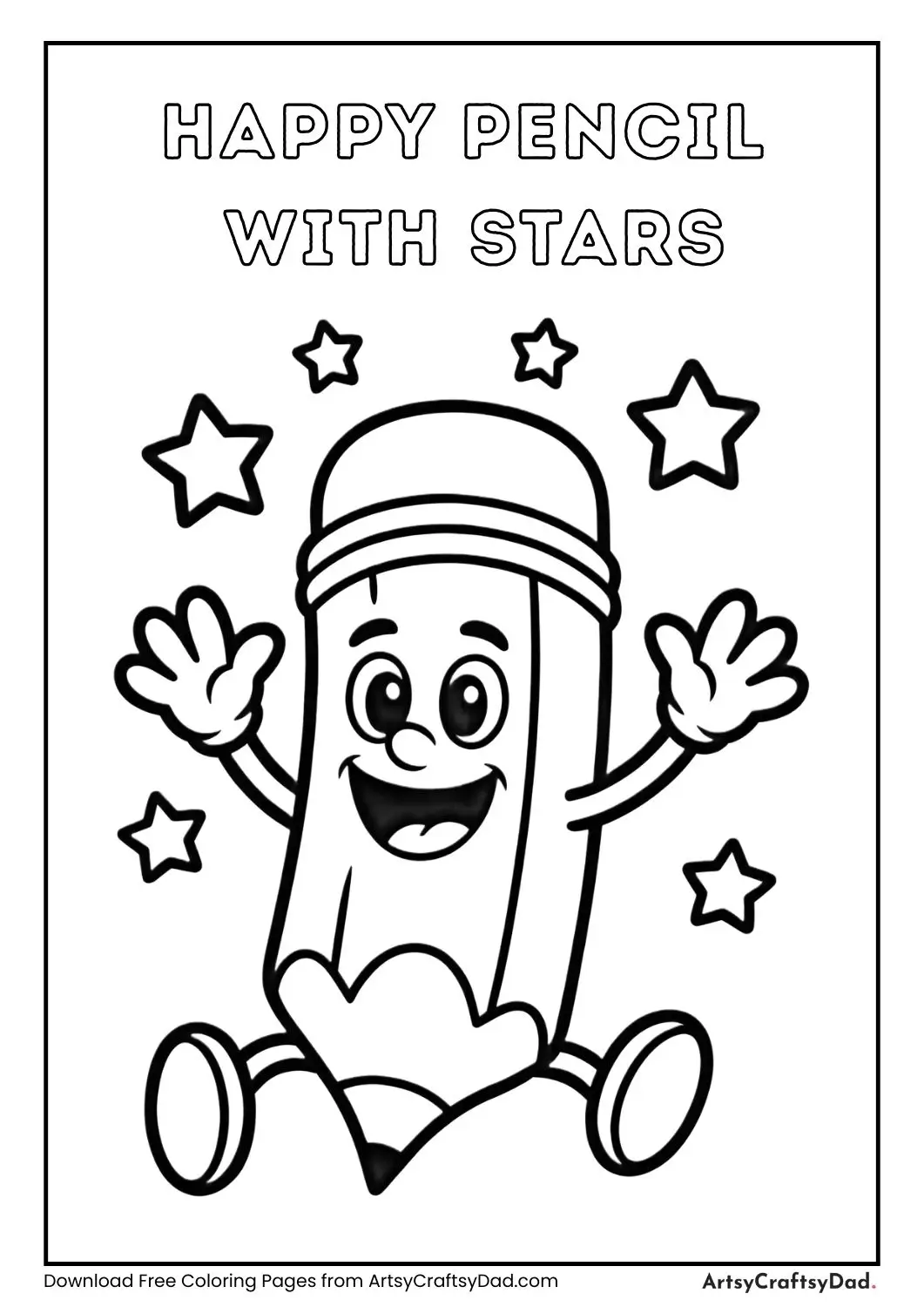 cartoon pencil jumping with stars black and white coloring page for kids