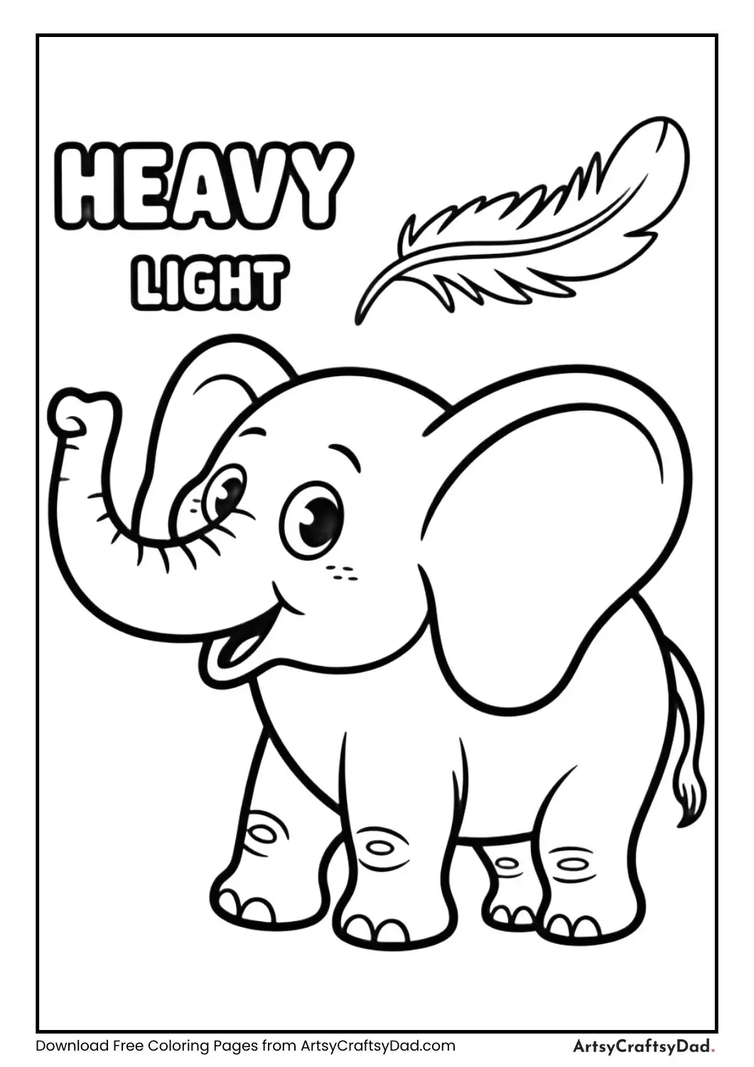 Heavy elephant and light feather coloring page