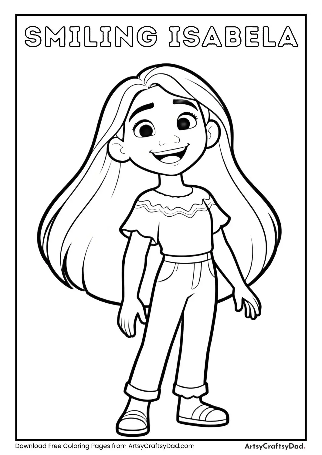 Black-and-white coloring page of Isabela Madrigal smiling, simple outlines for kids.