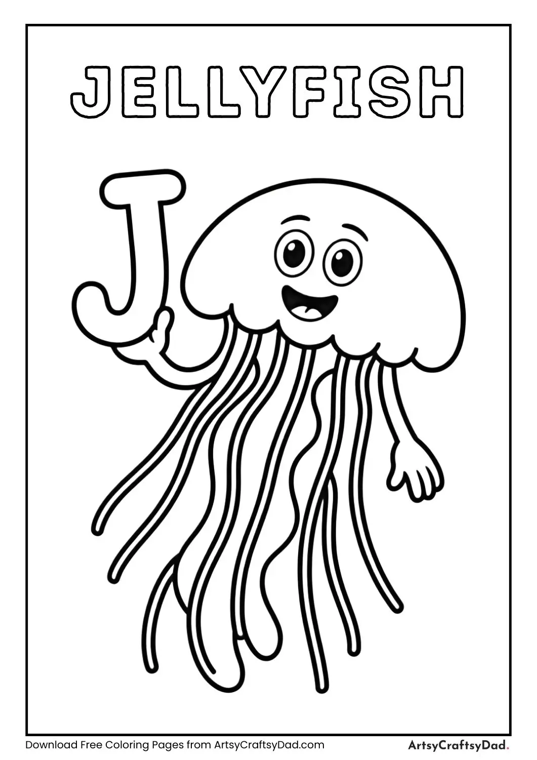 Jellyfish holding letter J coloring sheet