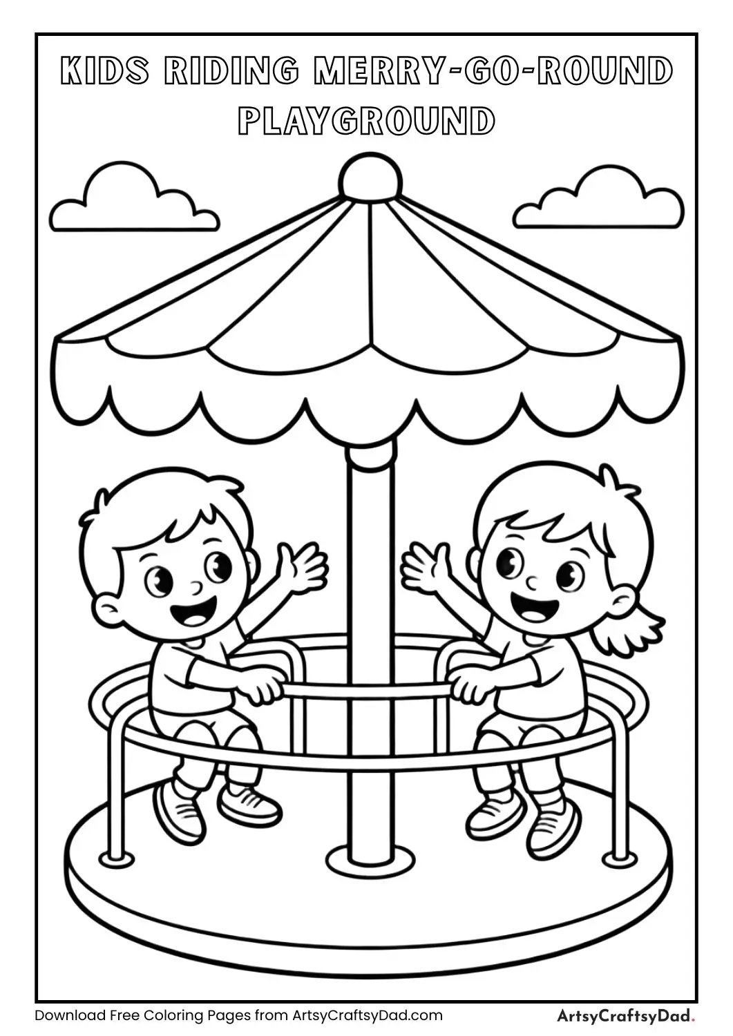 Black and white coloring page of children on a merry-go-round